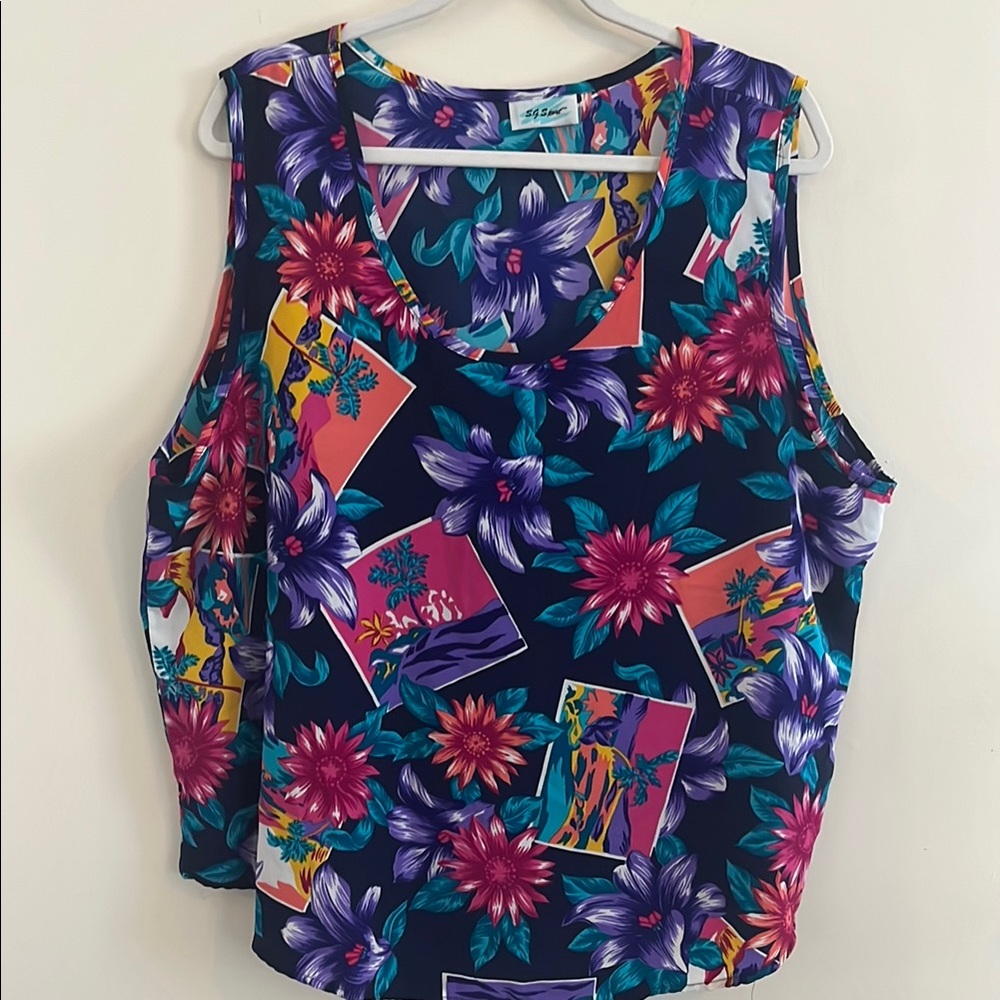 Vintage S.G. Sport Tropical Vibrant Tank Top‎ 90s 80s Floral Island Beach